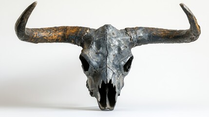 Weathered Bull Skull with Prominent Horns Against a Minimalist White Background
