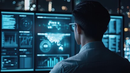 Businessman analyzing AI powered KPI dashboard for data management and marketing strategy in a modern office environment at night