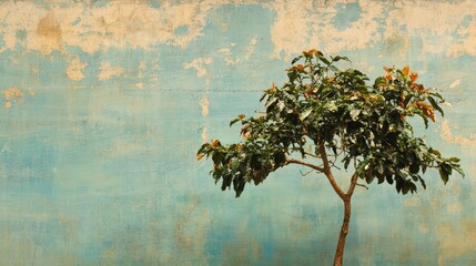 Coffee tree against a textured blue wall showcasing natural beauty and tranquility in a minimalist setting