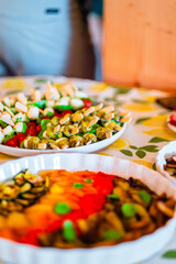 Delicious and Colorful Platter of Appetizers with Fresh Vegetables and Cheese Skewers Perfect for a Summer Party or Family Gathering
