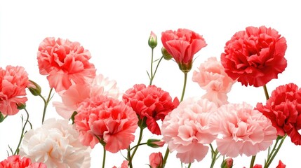 Vibrant collage of red and pink carnations arranged artistically on a clean white background, showcasing fresh floral blooms, beauty, nature, and floral design.