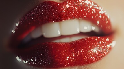 Close Up Of Glittery Red Lips, Perfect Smile With White Teeth, Beauty And Fashion Makeup