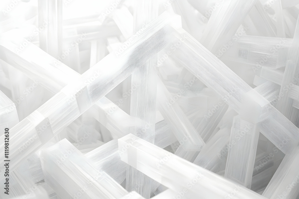 Poster abstract white geometric shapes, complex overlapping structure.