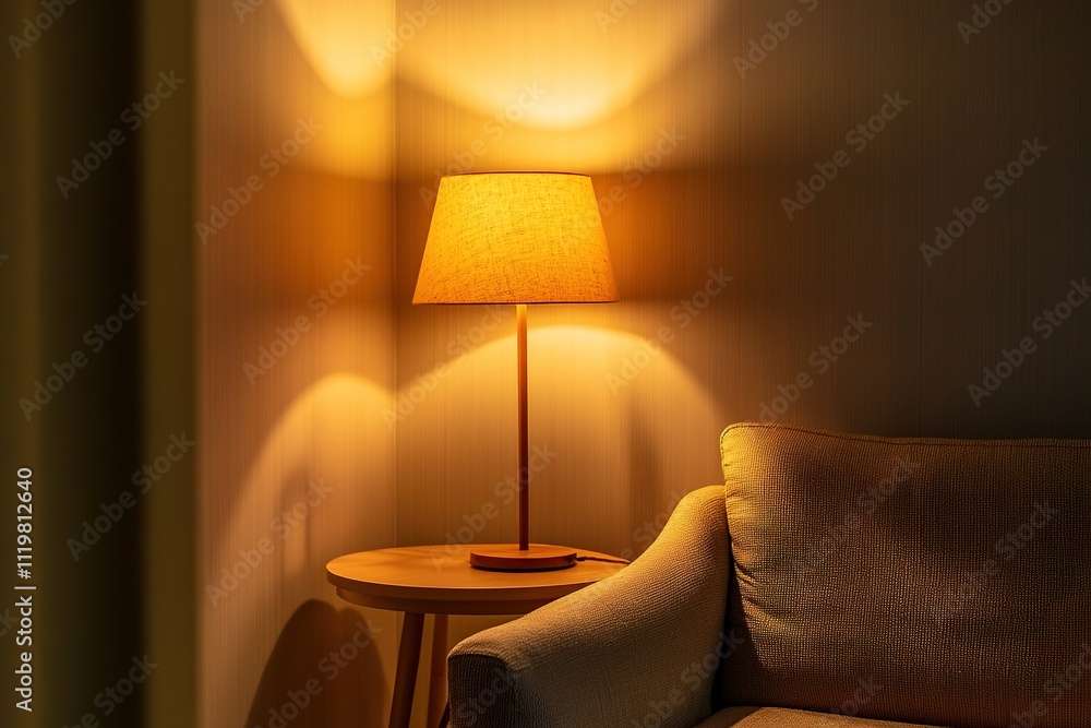 Poster cozy corner with soft lighting from table lamp casting subtle shadows on walls