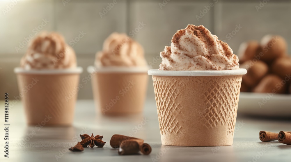 Poster cinnamon ice cream served in paper cups with whipped cream and spices on a table in a cozy setting p