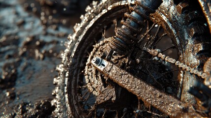 Detailed close-up of a muddy rear wheel and engine of a dirt bike, showcasing intricate textures and dirt build-up, emphasizing off-road cycling, outdoor adventure, rugged equipment.