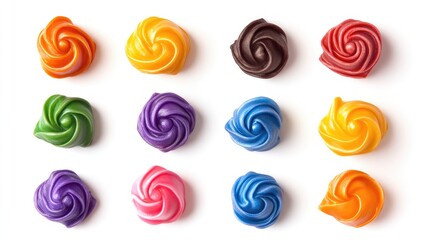 Colorful swirls of assorted sweets arranged neatly on a white background creating a vibrant candy display for festive themes