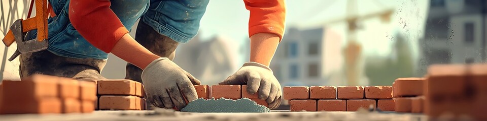 Cartoonish builder laying bricks with mortar on site