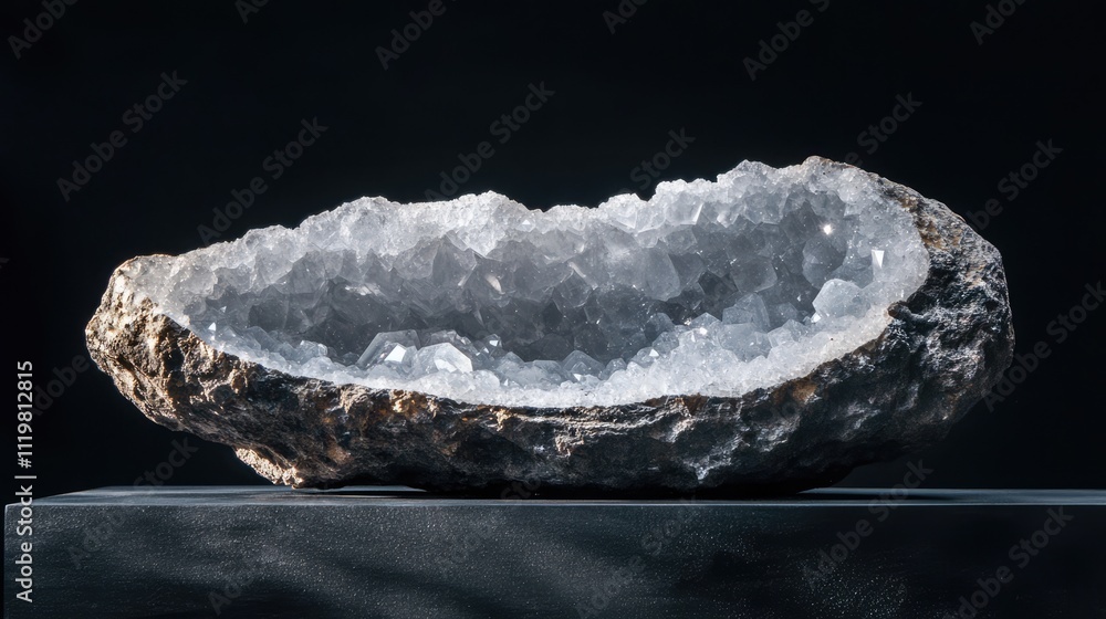Poster clear quartz geode elegantly displayed on a dark background showcasing its natural crystalline struc