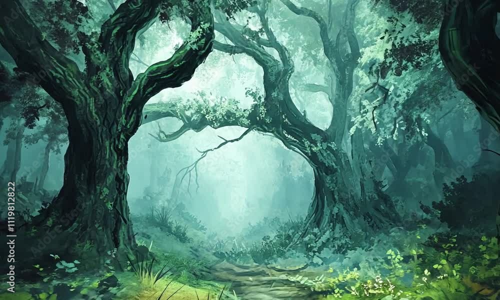 Poster a mystical forest scene with twisted trees and soft mist, creating an enchanting atmosphere.