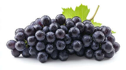 Fototapeta premium Freshly harvested dark purple grapes with dew droplets and green leaves on a white background conveying freshness and natural beauty.