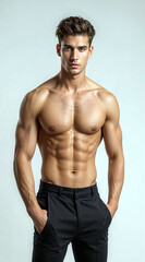 Obraz premium athletic handsome attractive male shirtless toned physique fitness concept muscular body confident pose healthy lifestyle vertical format