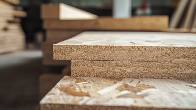 Closeup view of stacked oriented strand board OSB wood panels in a workshop setting