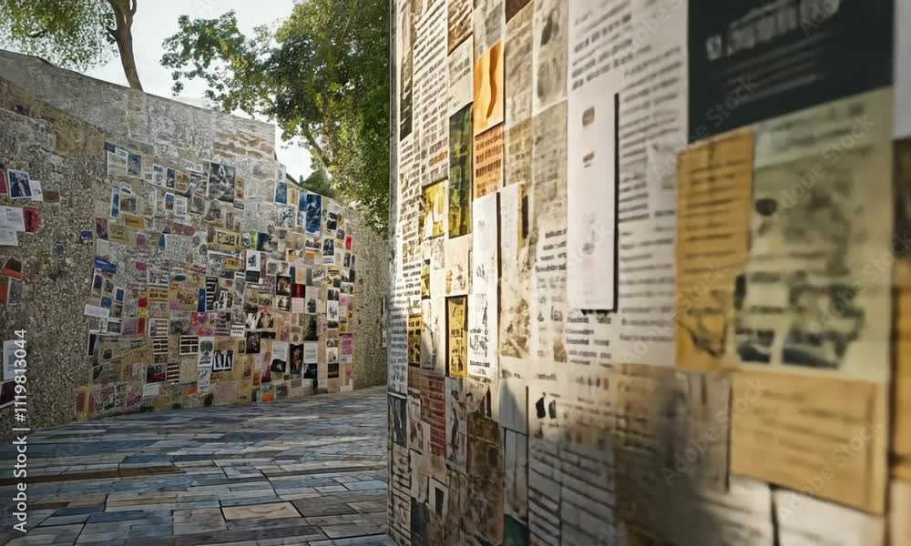 Aufkleber a pathway lined with walls covered in various papers and posters, creating an artistic display.
