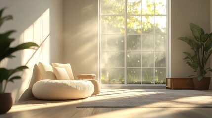 modern minimalist living room with clean lines, neutral color palette, minimalist furniture with no clutter