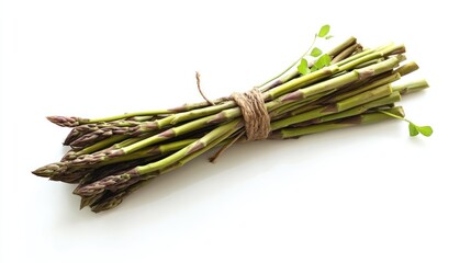 Fresh organic asparagus bundle tied with natural twine on a clean white background for culinary and health-related themes