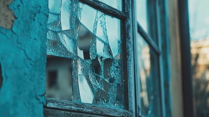 Close up of a shattered glass window with an abandoned house in the background showcasing decay and neglect in urban exploration scenarios.