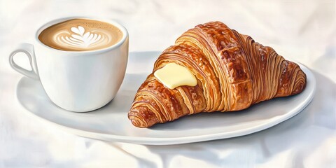 A warm croissant with butter beside a latte art coffee in a cozy setting.