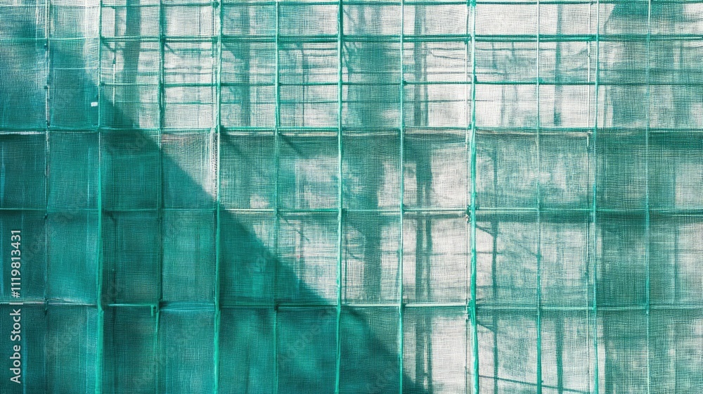 Poster close up of construction site featuring green safety netting and scaffolding with shadows highlighti