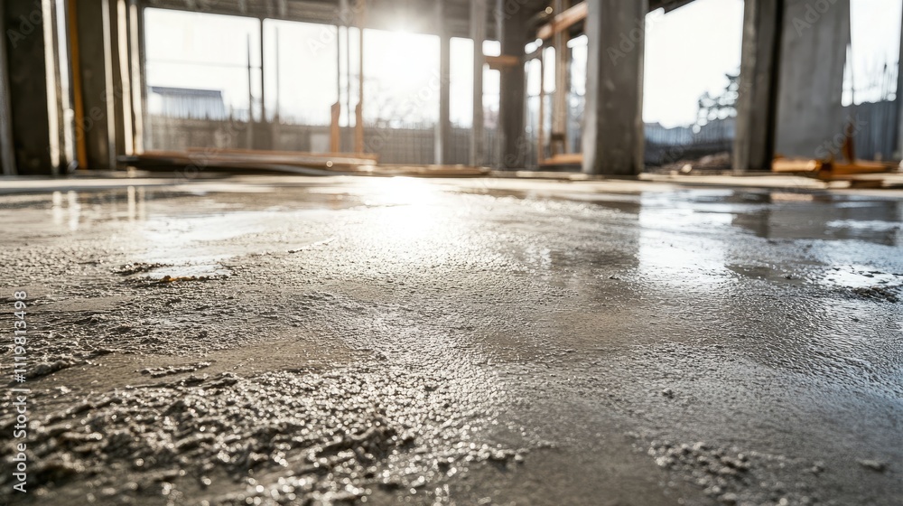 Poster cement floor at construction site with abstract gray texture and sunlit backdrop for architectural d