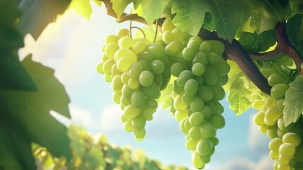 Lush green grape clusters hanging from vine in a sunlit vineyard showcasing a healthy agricultural landscape and nature's bounty.