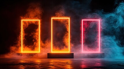 Three neon glowing rectangular frames with smoke.