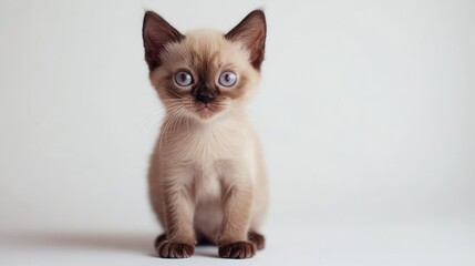 Burmese kitten with striking blue eyes sitting calmly against a clean white background