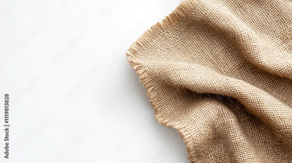 Poster burlap hessian fabric draped on a clean white surface highlighting texture and natural fibers for te