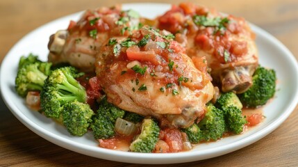 Chicken thighs in tomato onion pepper sauce served over steamed broccoli on a rustic wooden table in a white plate setting