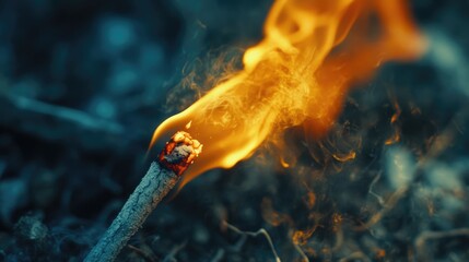 Macro shot of a burning match with vibrant flames and smoke on a dark background highlighting the details of fire and texture.