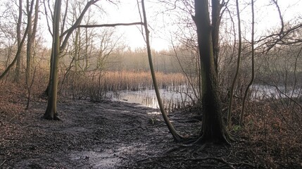 Fototapeta premium Burned trees and charred undergrowth surrounding a tranquil pond at Hollow Ponds post forest fire recovery scene
