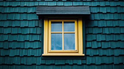 Fototapeta premium Detailed view of a newly installed small attic window framed in yellow on a dark green shingled house showcasing professional roofing work.
