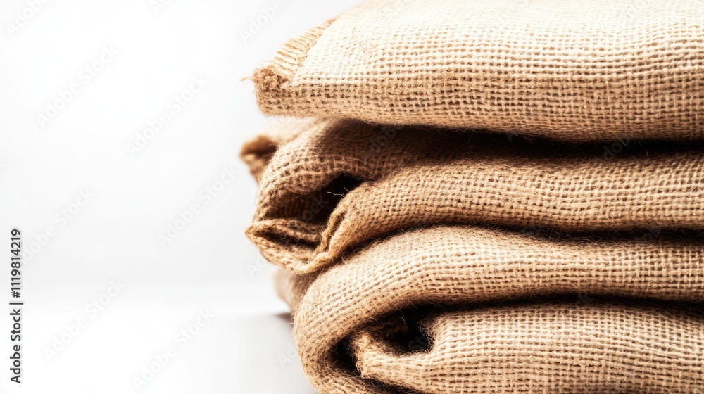 Poster burlap hessian sacks stacked neatly on a white background showcasing texture and material for craft 