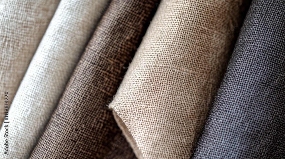 Poster close-up of assorted burlap fabrics in beige and brown tones showcasing texture and fibers with ampl