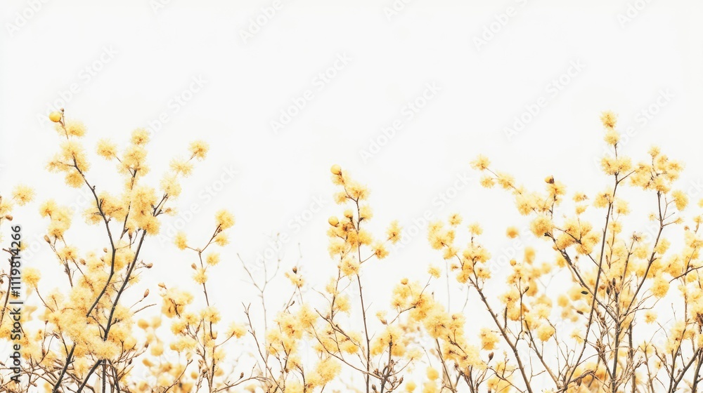 Poster mimosa spring flowers in bloom against a simple white background creating a serene and vibrant natur
