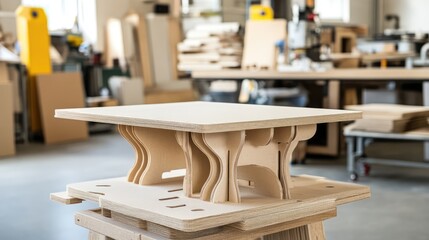 Assembled chipboard furniture components displayed in a bright carpenter workshop showcasing craftsmanship and woodworking tools.