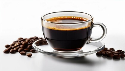 black coffee in glass cup on white background