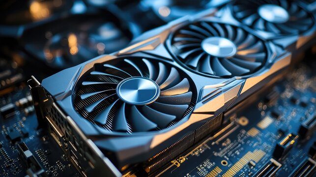 High detail image of a modern graphics card showcasing cooling fans and intricate circuit board components for computer hardware design