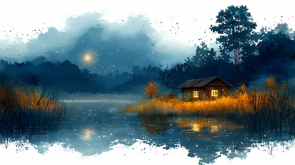 Fototapeta premium A serene, twilight landscape featuring a cozy cabin by a calm lake, illuminated windows, and soft reflections in water surrounded by trees and mist.