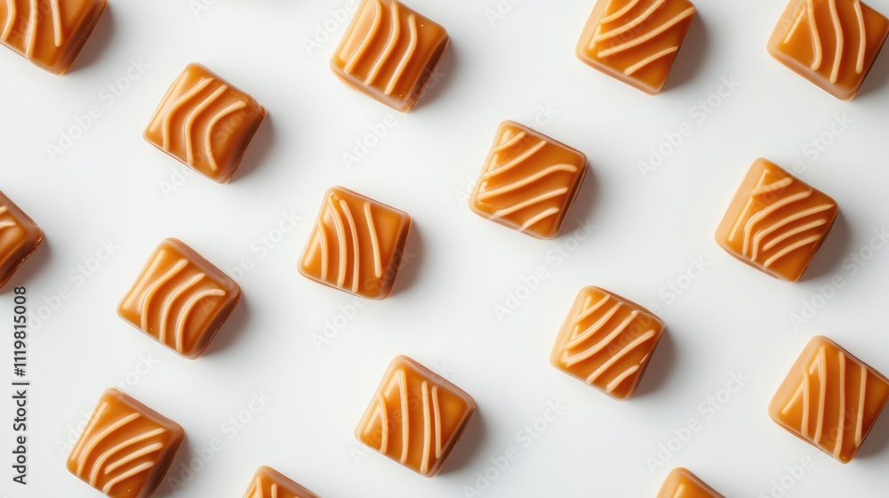 Poster caramel candy pieces arranged on a white background creating a delightful and tempting confectionery