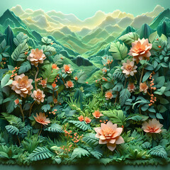 Naklejka premium Forest, green, brown, multidimensional paper illustration on light green background, 3D relief.