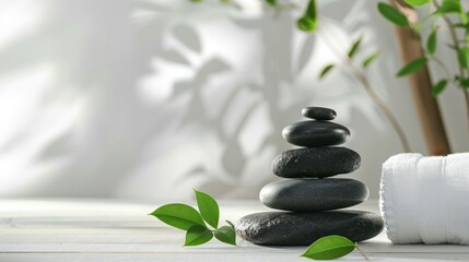Pile of massage stones and towels with green plants on white wooden table in spa and wellness center