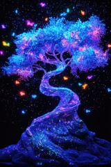 Image of Magical glowing tree with neon butterflies under a cosmic sky printed on Printed Glass Splashbacks