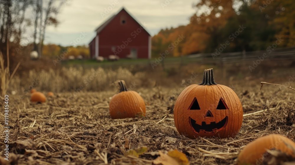 Poster pumpkin patch during autumn season featuring a smiling jack-o-lantern on a rustic farm setting with 