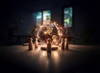 Glowing earth encircled by wooden figures, representing global connection and collaboration in a dimly lit room.  The scene symbolizes networking and teamwork on an international scale.