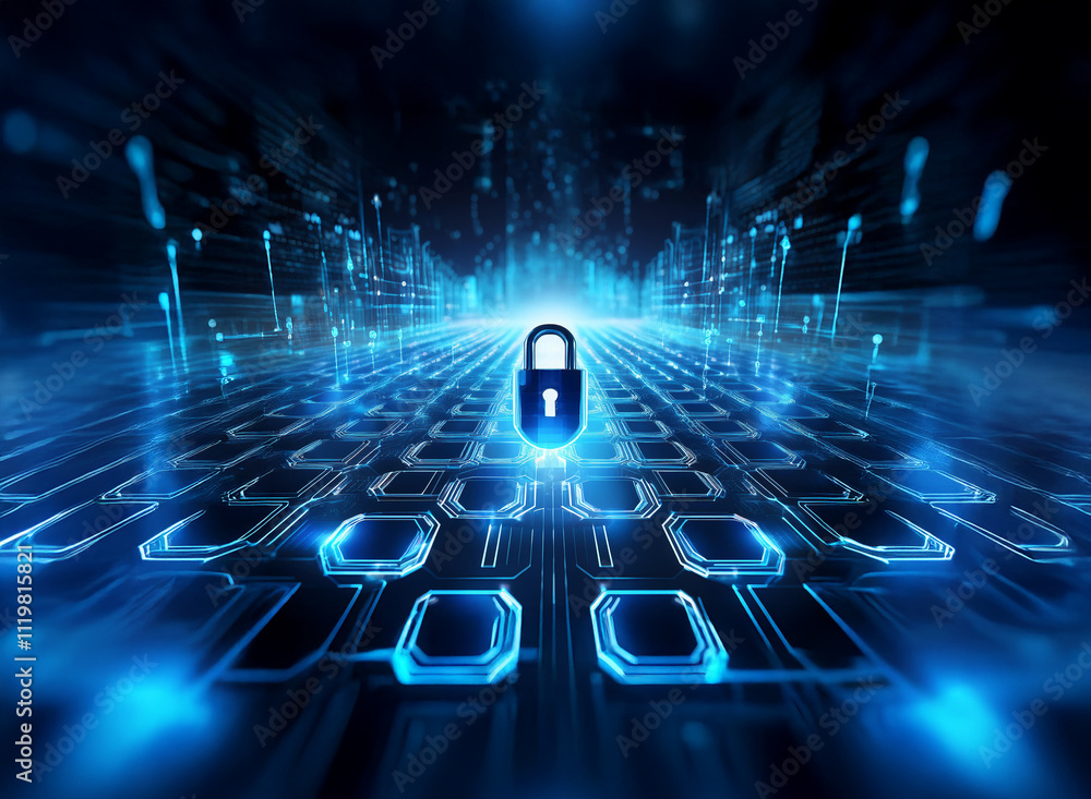 Aufkleber abstract digital landscape with glowing blue circuit board and central padlock, symbolizing cybersec