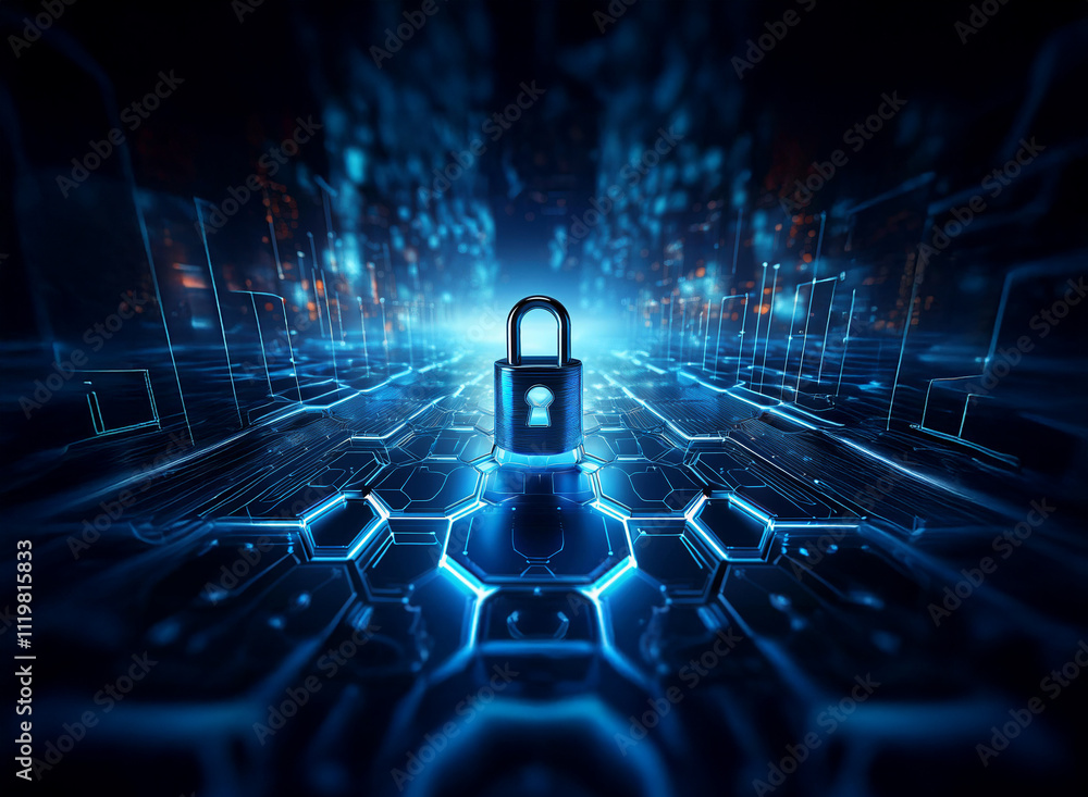 Poster a digital padlock sits at the center of a glowing hexagonal network, symbolizing cybersecurity and d