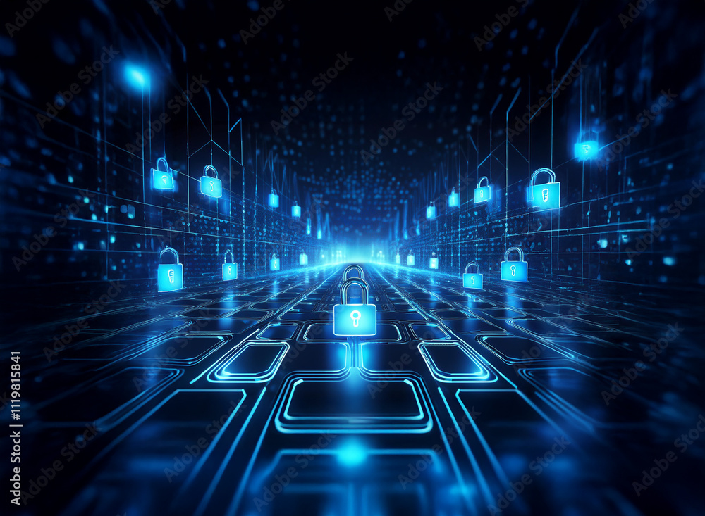 Poster Abstract digital tunnel glowing blue, lined with illuminated padlocks symbolizing cybersecurity and data protection.  A path to digital security.