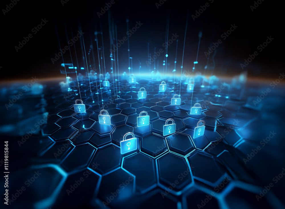 Aufkleber Global cybersecurity concept:  A digital world protected by glowing blue padlock icons arranged on a hexagonal grid, symbolizing data security and network protection.