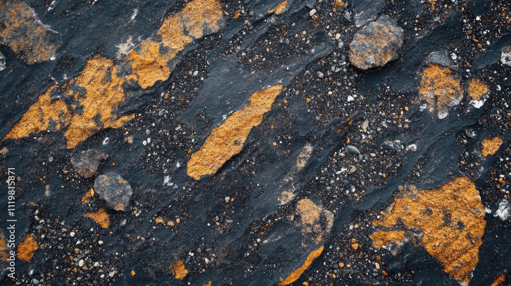 Poster textured surface of loose gravel with abstract patterns highlighting dark and golden tones in a natu